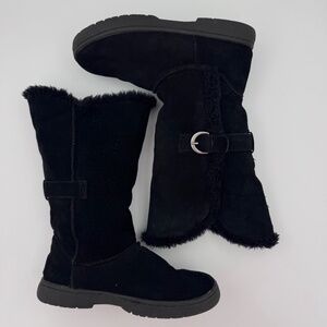 Melrose Ave Women's Black Suede Mid-Calf Buckle Boots - Faux Fur Lined Winter